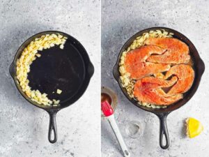 Collage of 2 pictures showing how to add salmon steaks to a pan with sauteed onions.