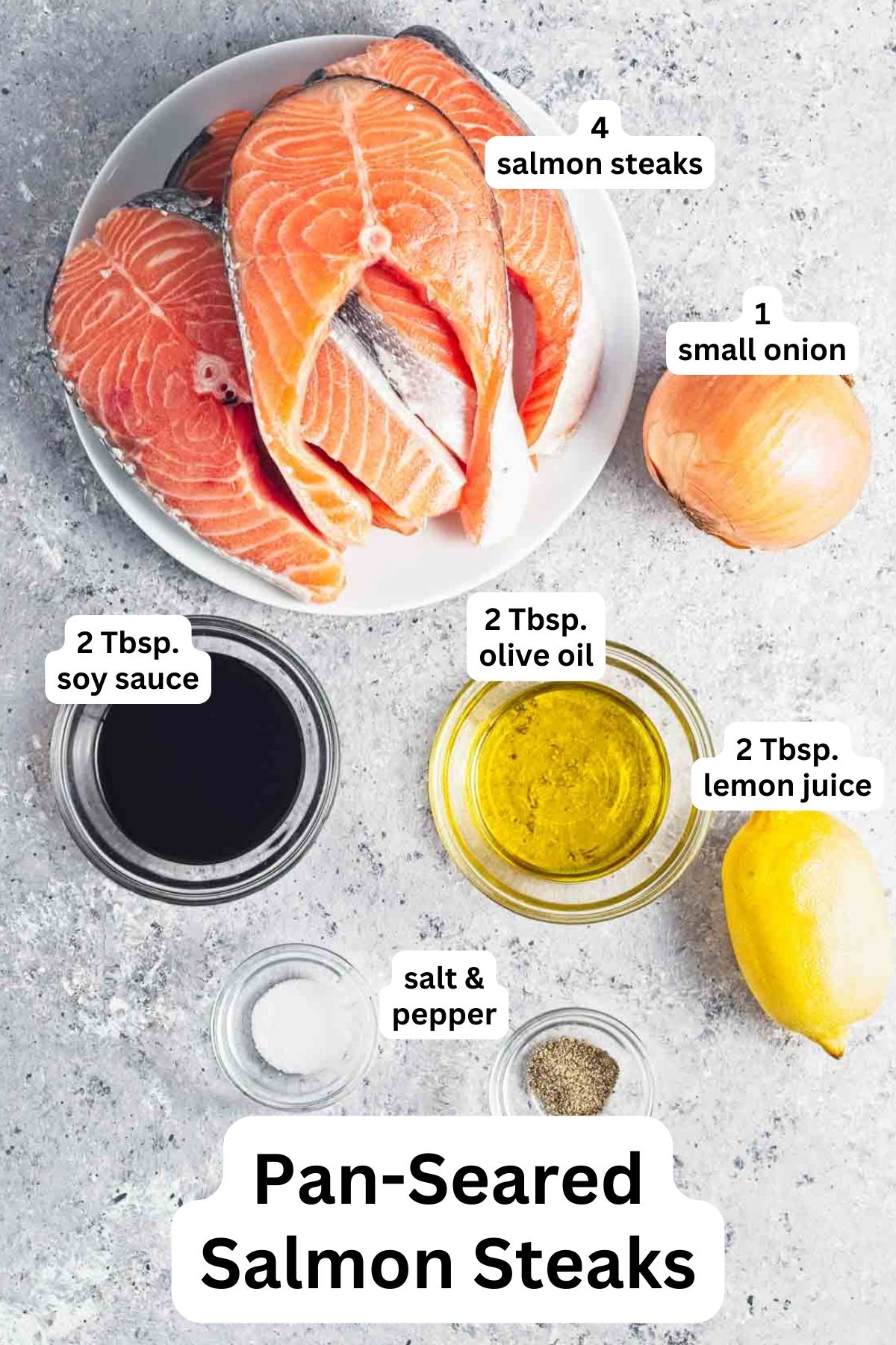 Ingredients to cook salmon steaks with soy sauce.