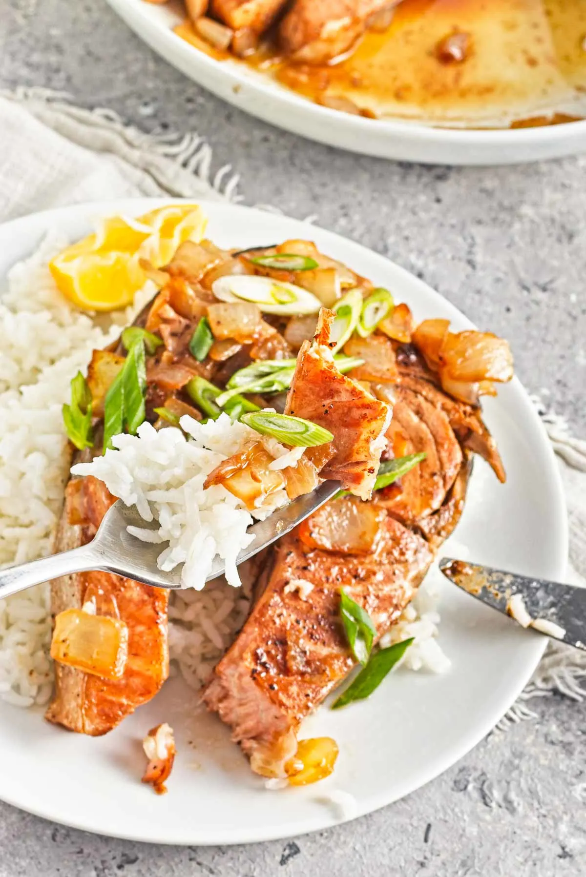 Piece of salmon and rice on a fork.