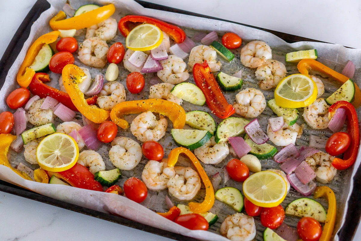 cooked sheet pan shrimp and vegetables