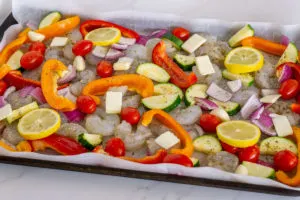 sheet pan shrimp and vegetables before cooking