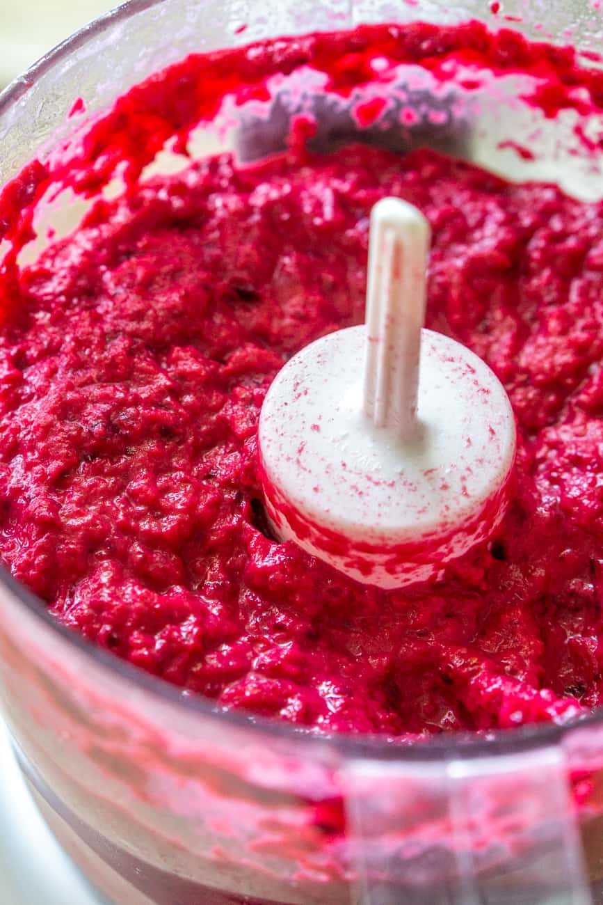 roasted eggplant dip with beets in a food processor