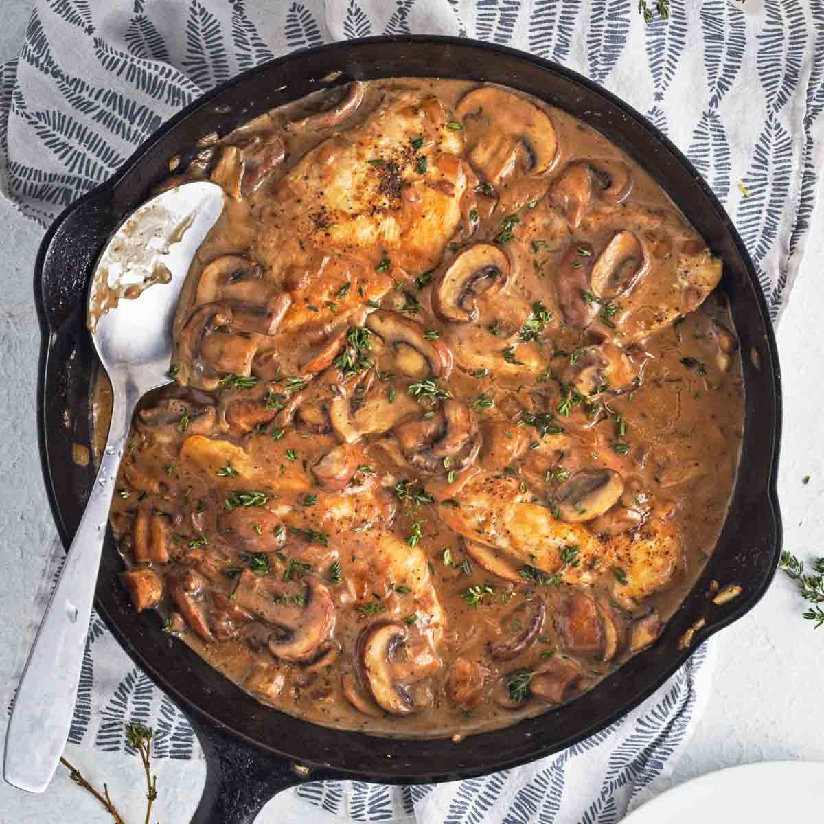 Skillet with creamy chicken with mushrooms