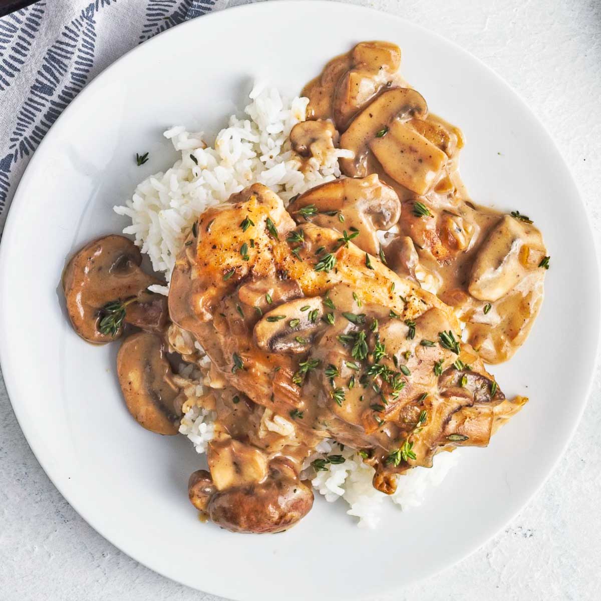 Overhead image of creamy chicken with mushrooms over rice.