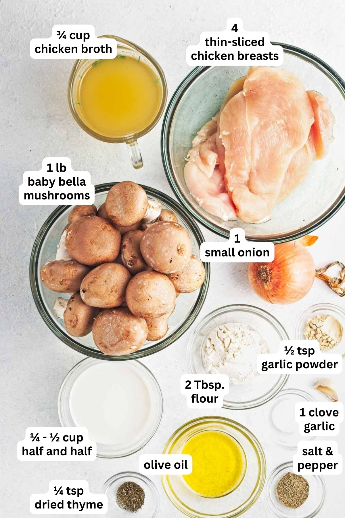 Ingredients to make chicken with mushrooms in creamy sauce