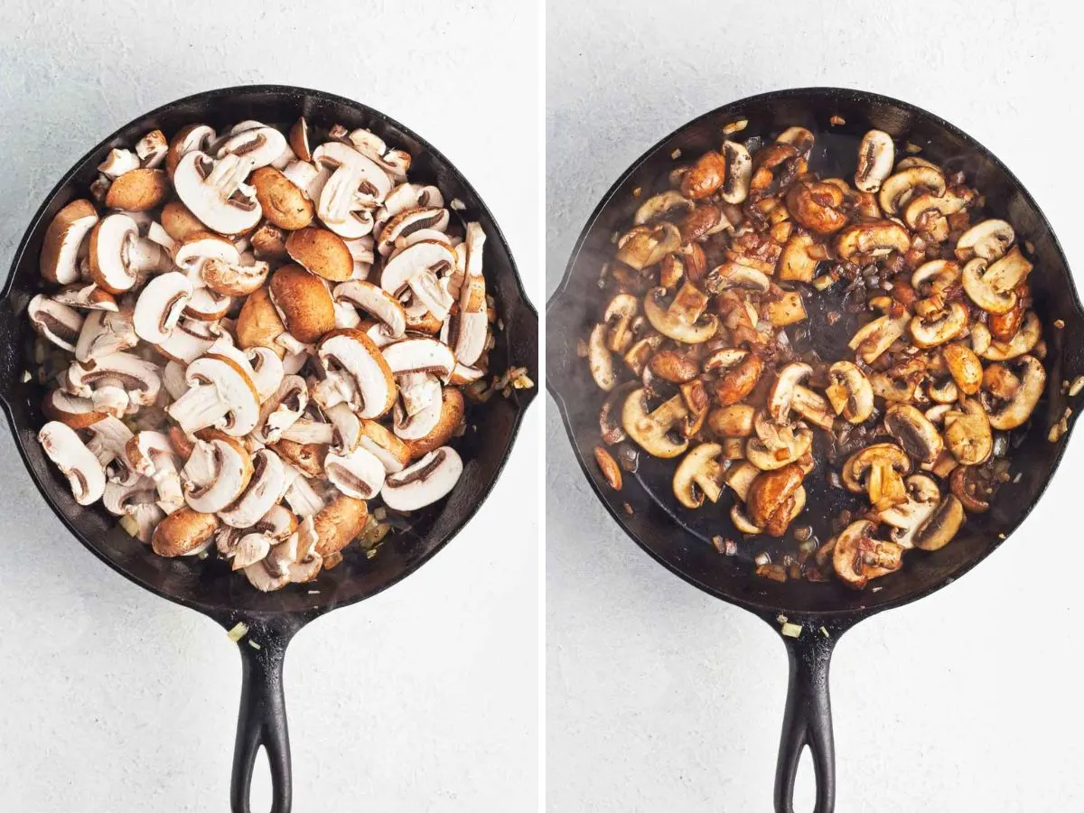 Collage of 2 pictures showing how to sauté sliced mushrooms.
