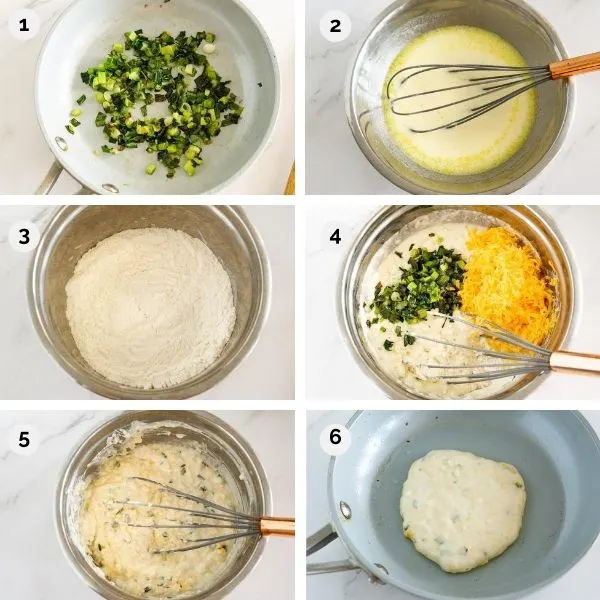 collage of step by step photos for how to make cheesy savoury pancakes with scallions