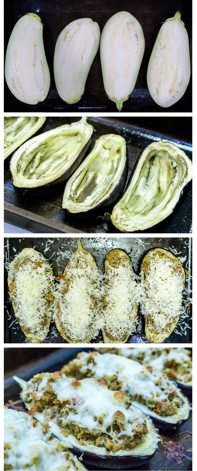 picture collage of step by step instructions how to make sausage stuffed eggplant