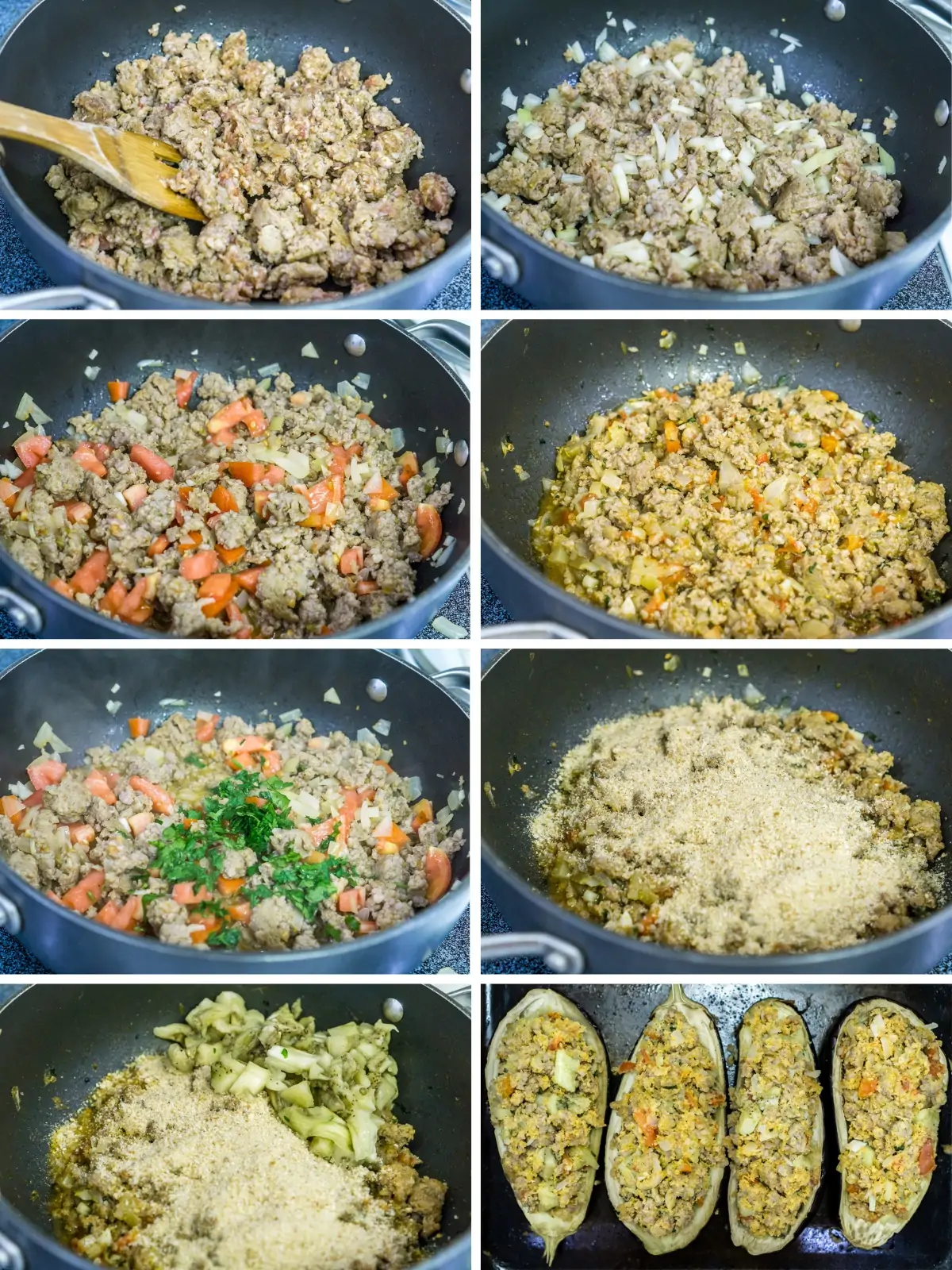 step by step photo collage of how to make sausage stuffing for eggplant boats