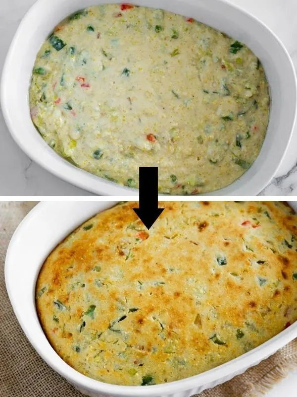 before and after baking savory cornbread with leeks