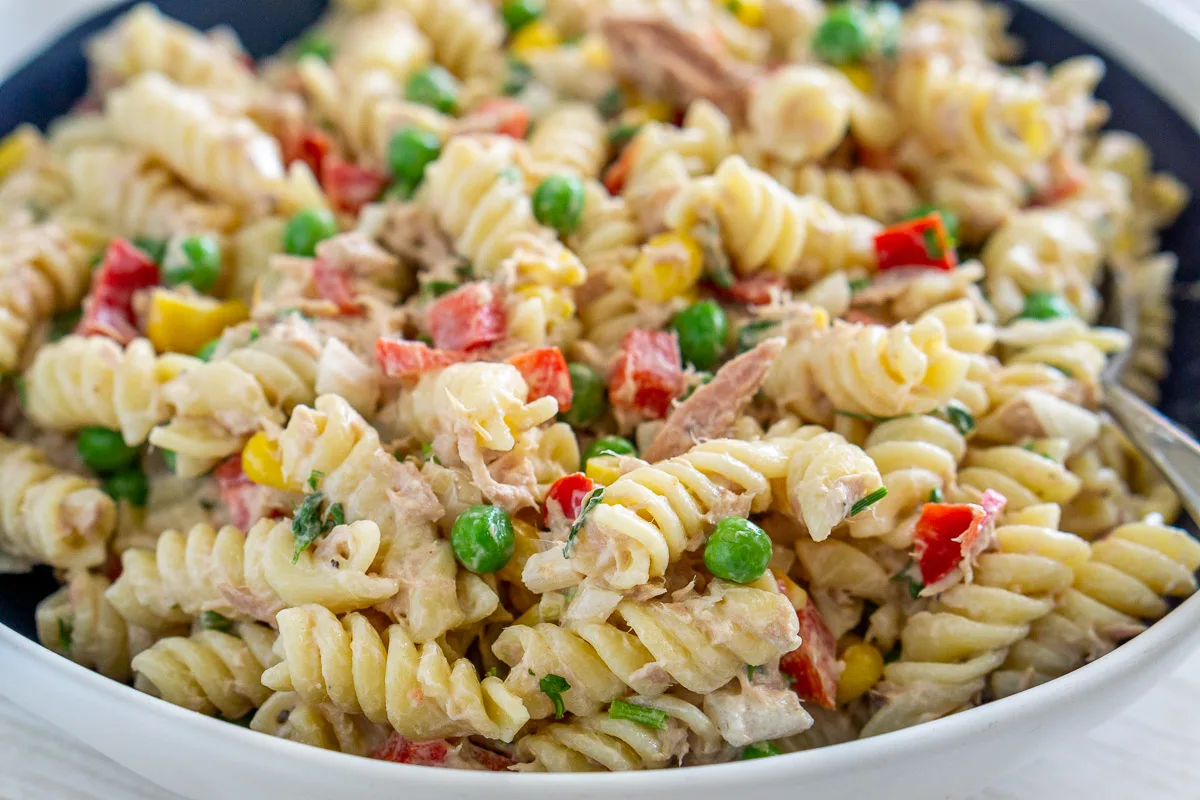 close up of tuna pasta salad with peas
