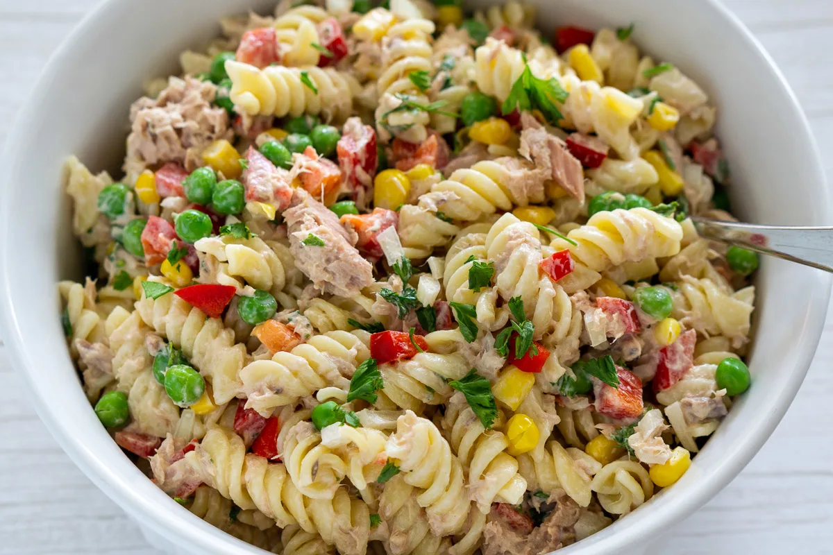 tuna pasta salad in a bowl