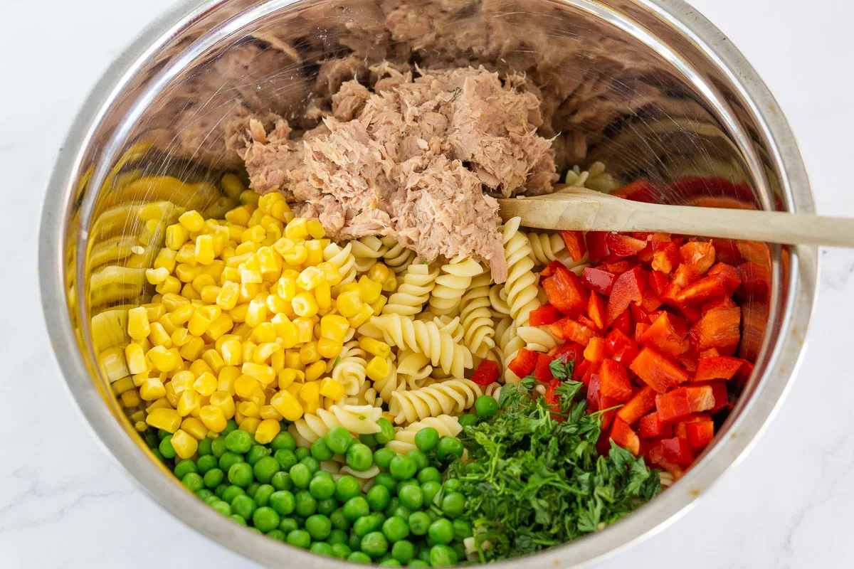 ingredients for tuna pasta salad with vegetables