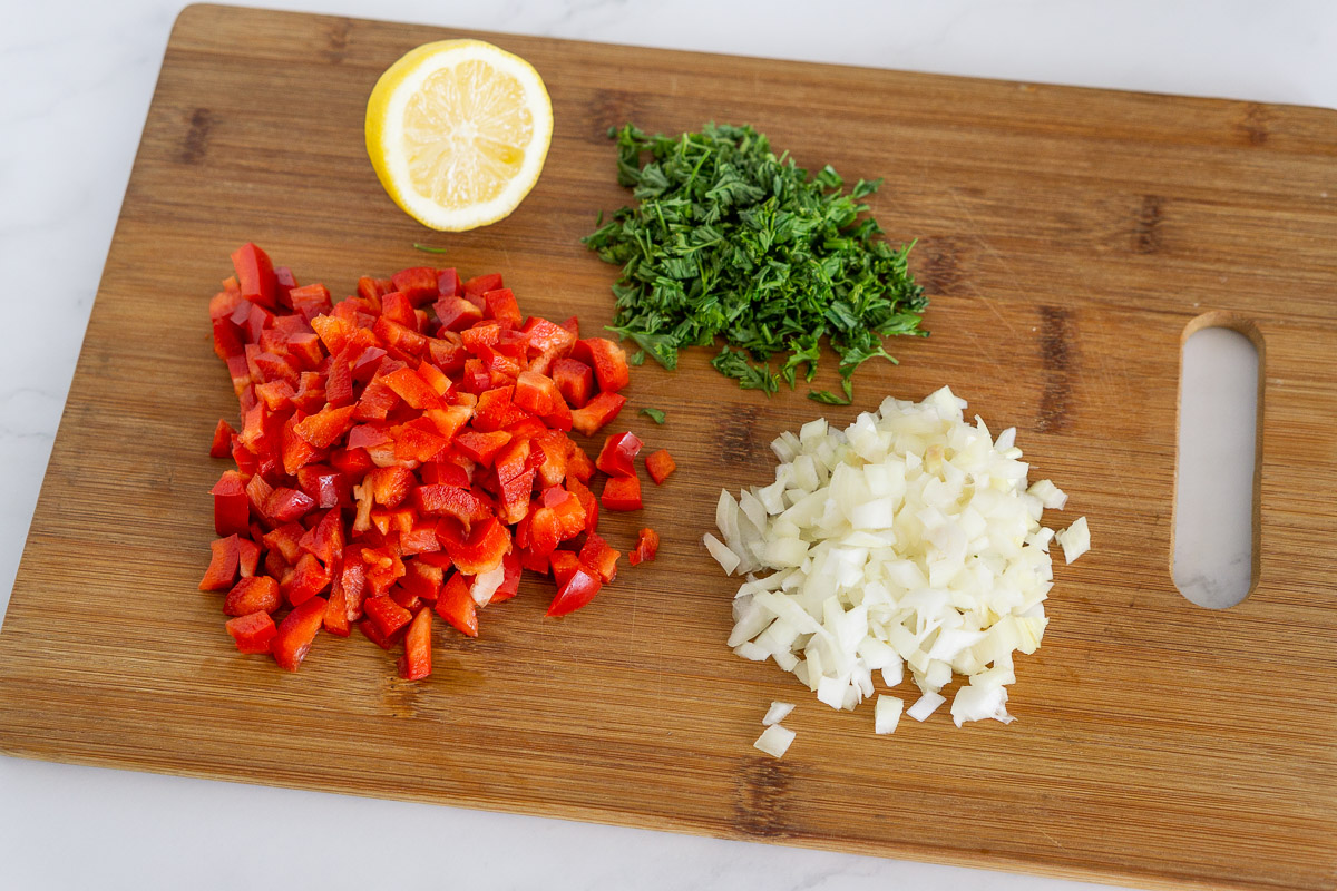 chopped vegetables for tuna pasta salad