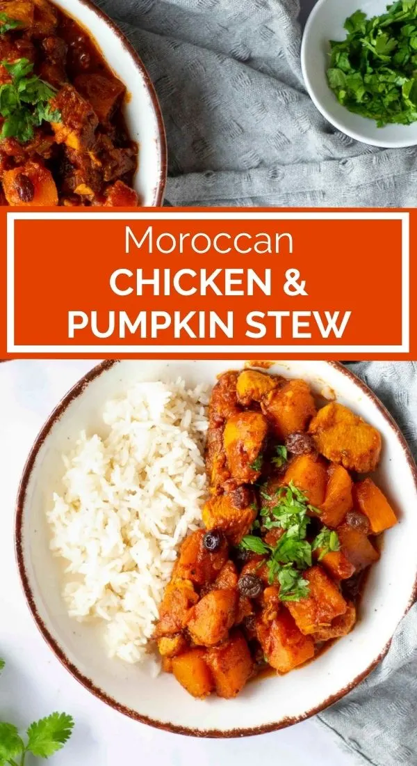 pinnable image of Moroccan chicken pumpkin stew on plates