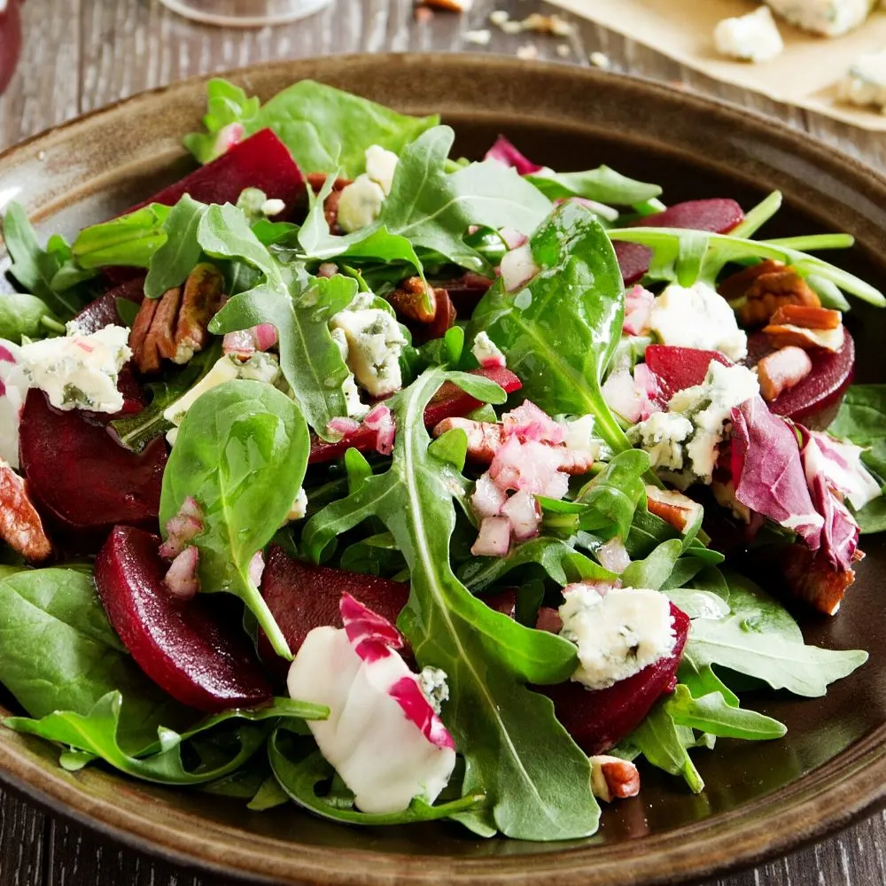 beet and blue cheese salad with radicchio in a bowl