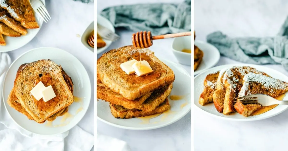 collage of pumpkin french toast photos topped with maple syrup and powdered sugar