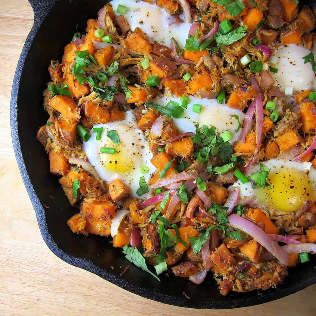 image of Sweet Potato Pulled Pork Hash in a skillet