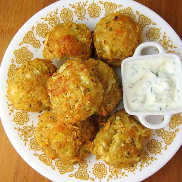 Cheesy Cauliflower Tots with Zesty Yogurt Dip Babaganosh