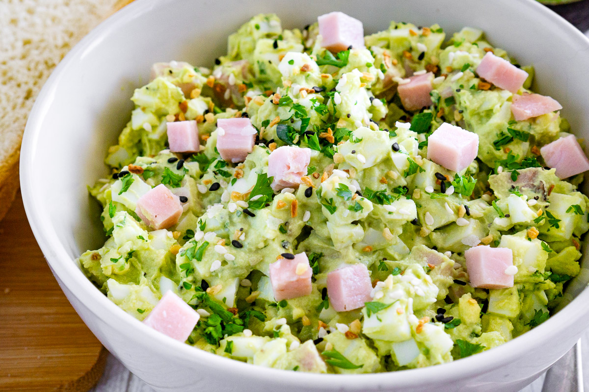 ham and egg salad in a bowl