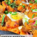 pinterest image of pulled pork sweet potato hash