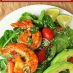 Image with text: low carb and light cajun shrimp spinach salad