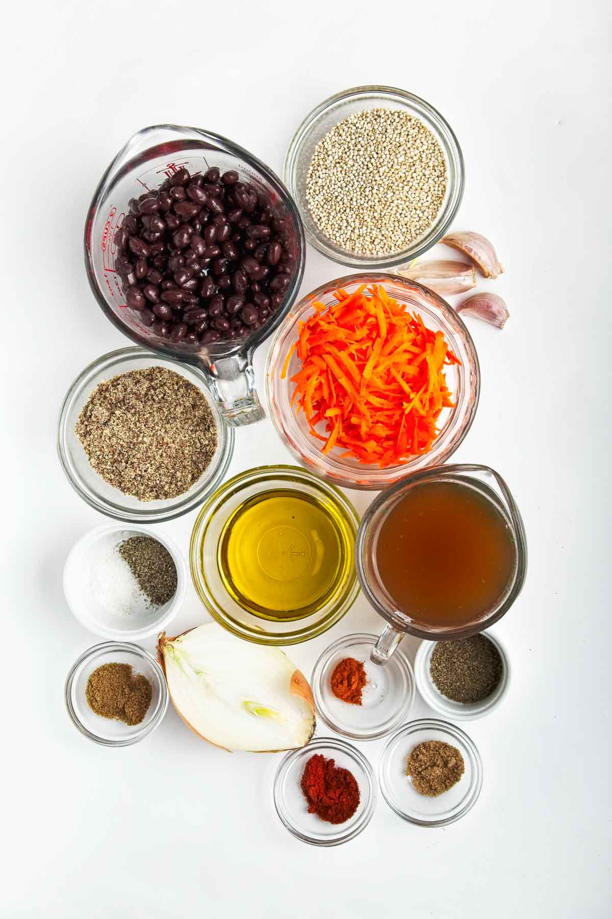 Ingredients to make quinoa black bean burgers