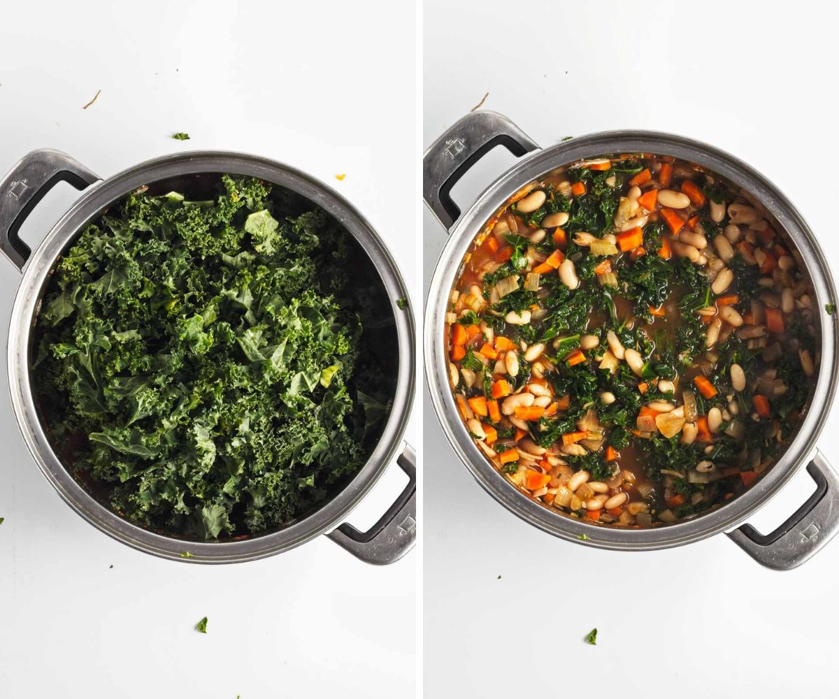 2 pictures showing how to add kale to soup