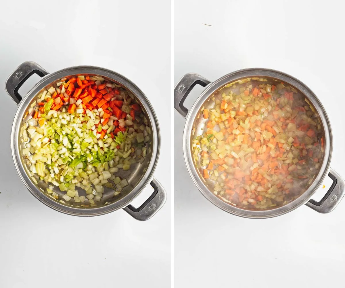 2 pictures showing how to saut&eacute; carrots and celery