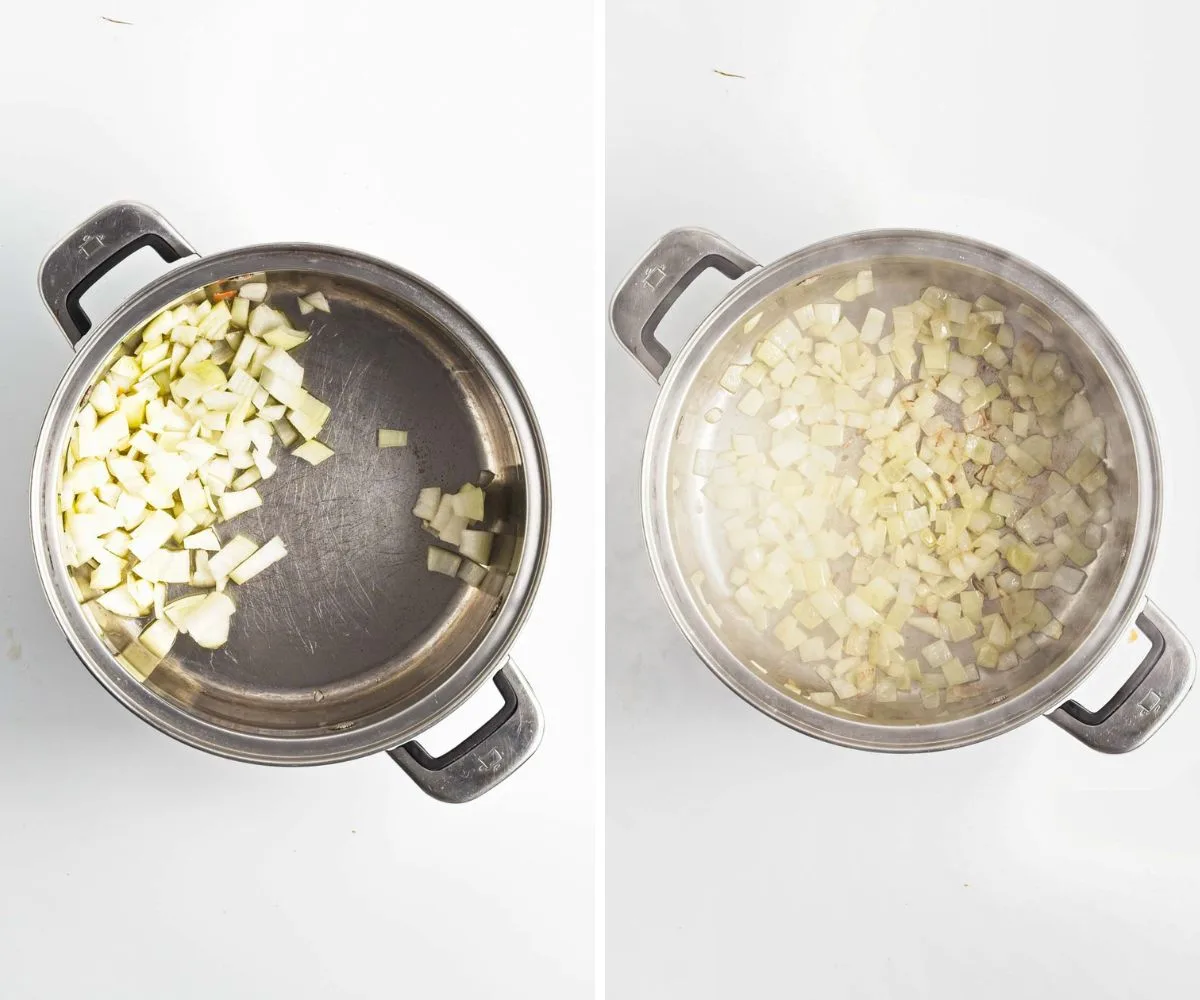 2 pictures showing how to saut&eacute; diced onions