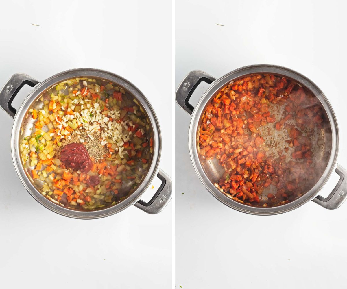 2 pictures showing how to add seasonings and tomato paste to soup