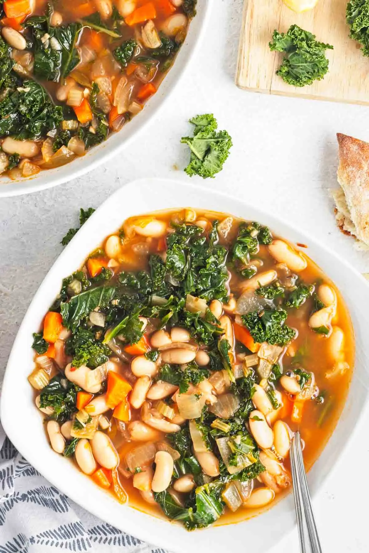 Overhead image of White Bean and Kale Soup in a bowl