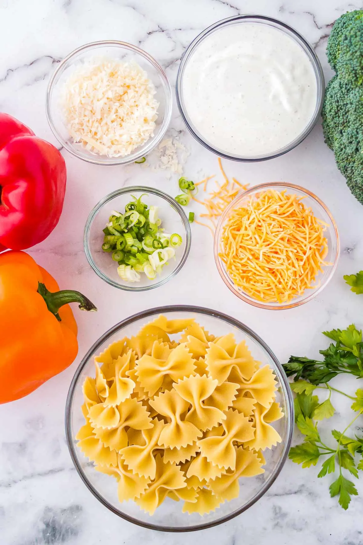 Ingredients for broccoli ranch pasta salad.