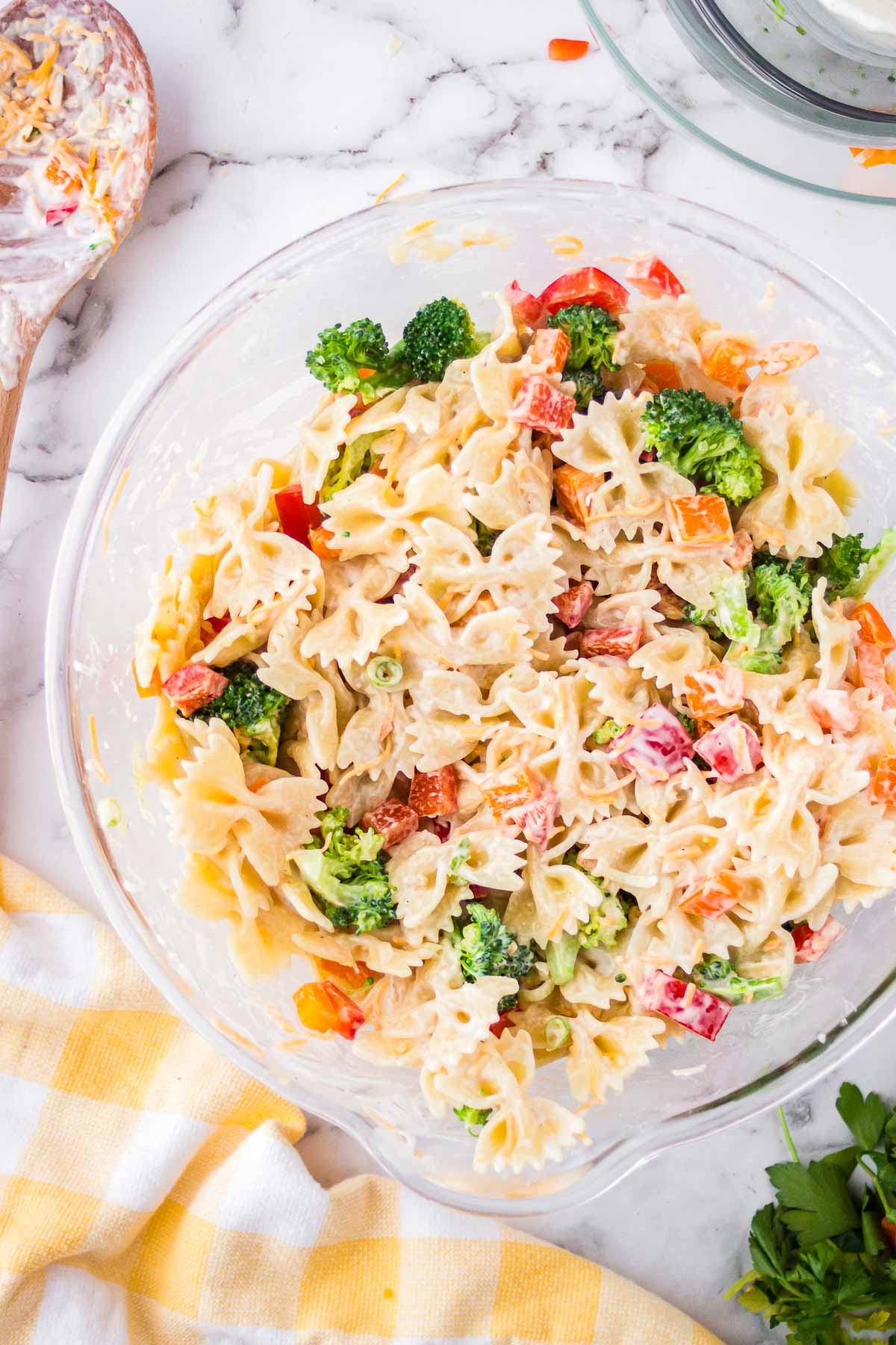 Broccoli pasta salad with ranch dressing in a bowl.