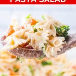Pinnable image of summer side dish broccoli pasta salad.