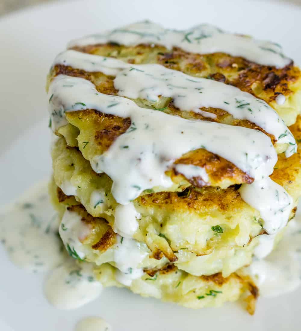 image of a stack of cauliflower pancakes