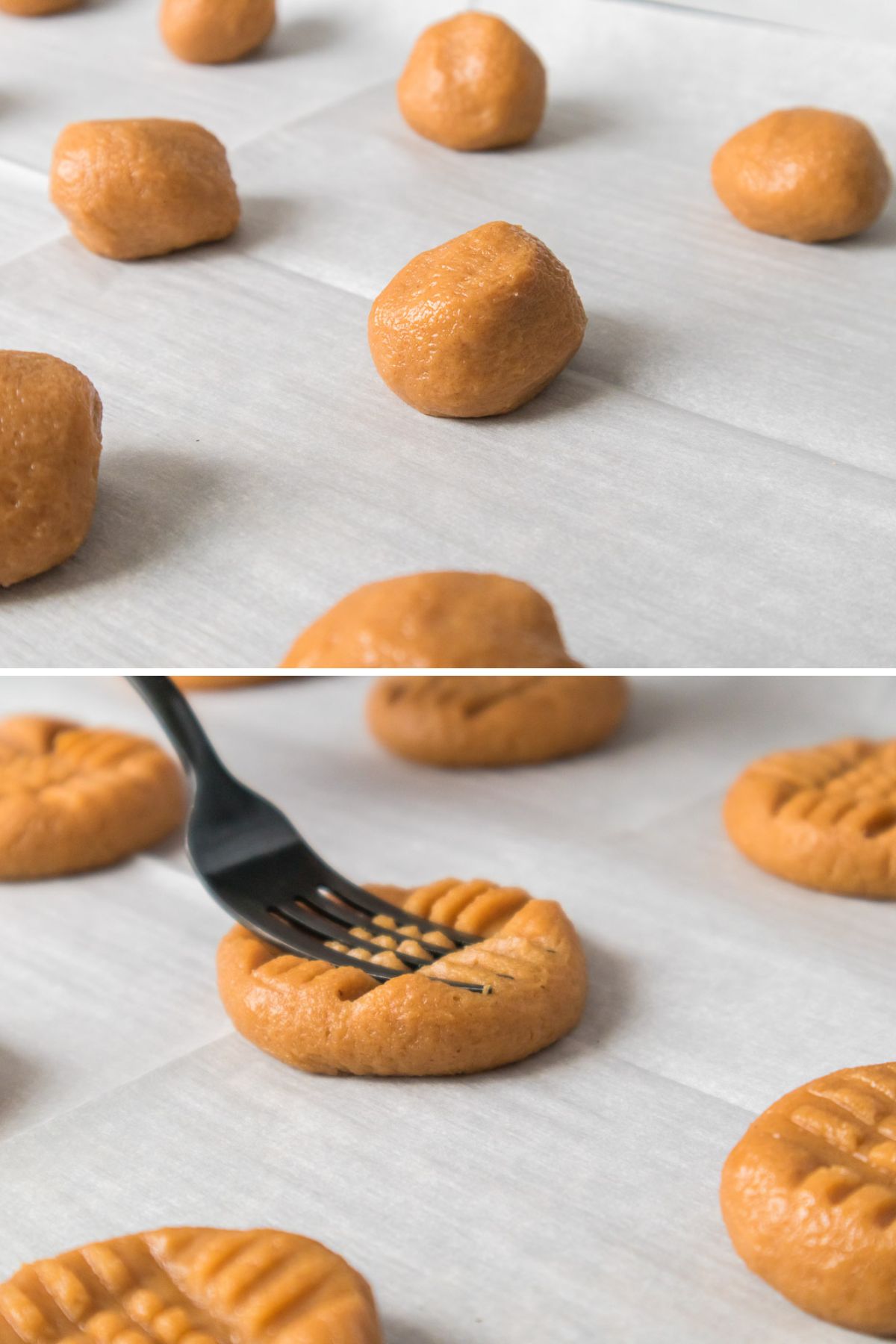 Collage of 2 pictures showing how to flatten peanut butter cookie dough balls to prepare for baking