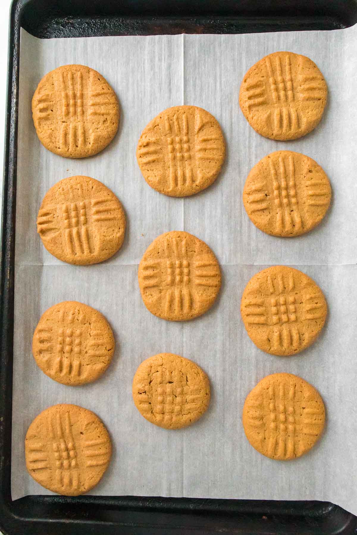 Tray of baked peanut butter cookies