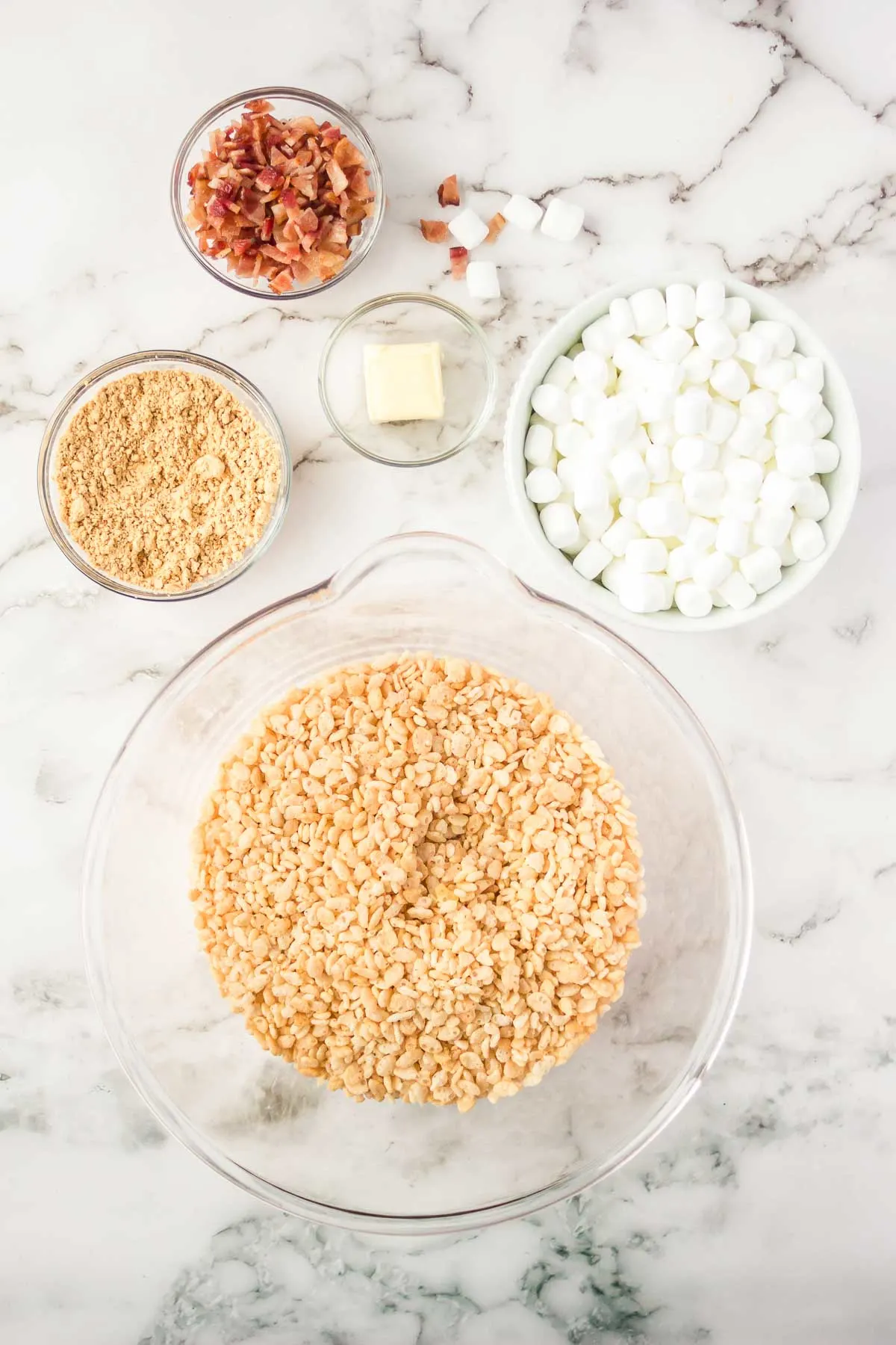 Ingredients to make Peanut Butter Rice Krispies Treats with bacon.