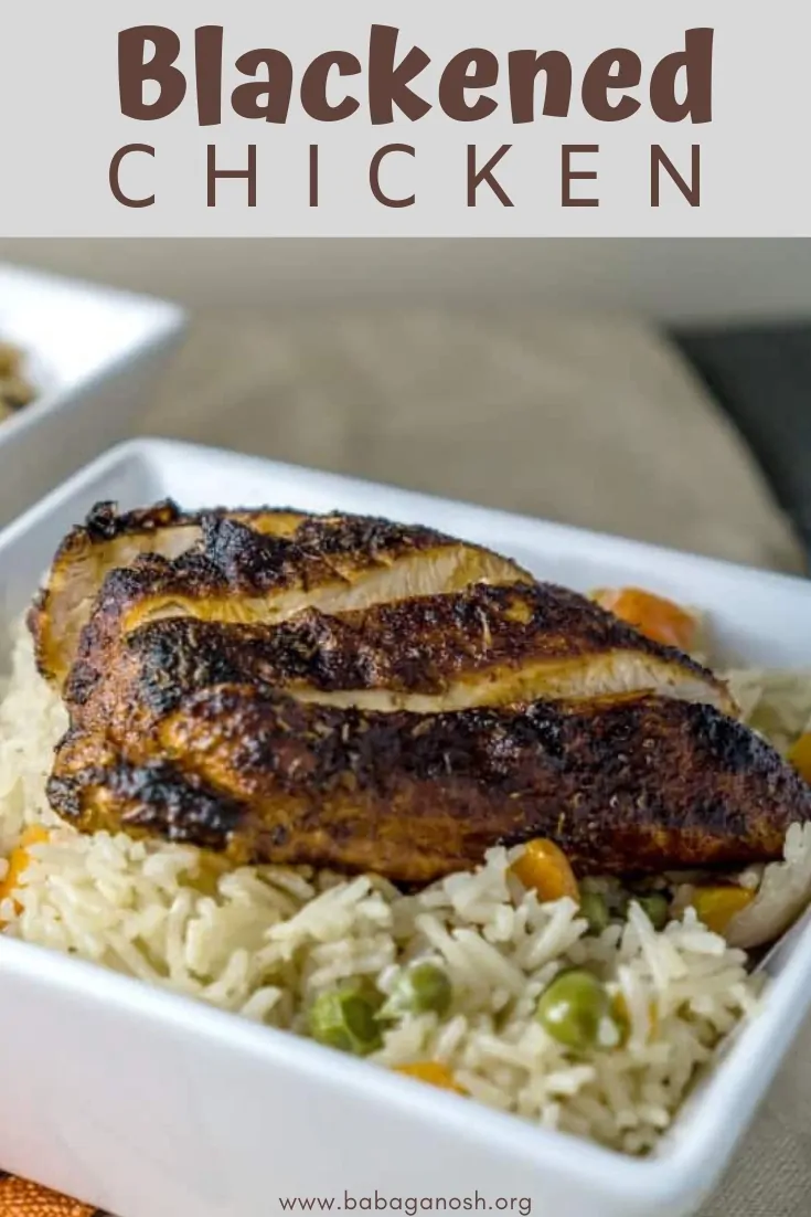 pinterest image of blackened chicken over rice pilaf
