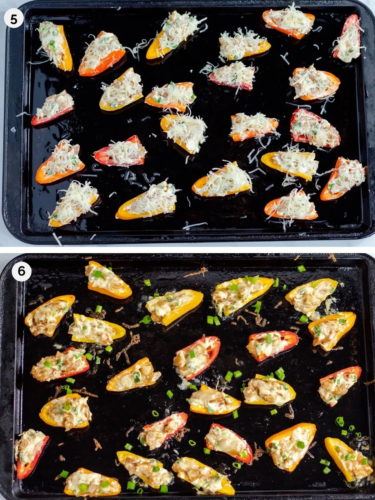 cheesy stuffed mini bell peppers on a baking tray