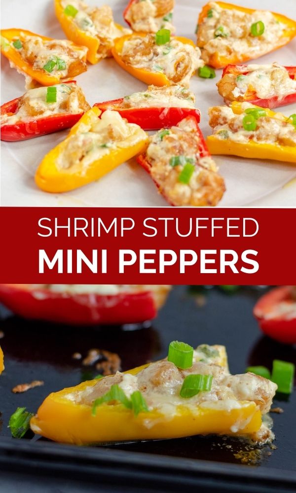 pinnable image of shrimp stuffed mini bell pepper appetizer