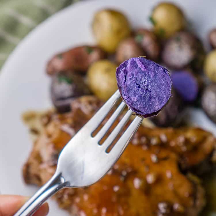 roasted purple potato on a fork