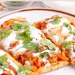 Pinterest image with text: Easy Leftover Tikka Masala Pizza