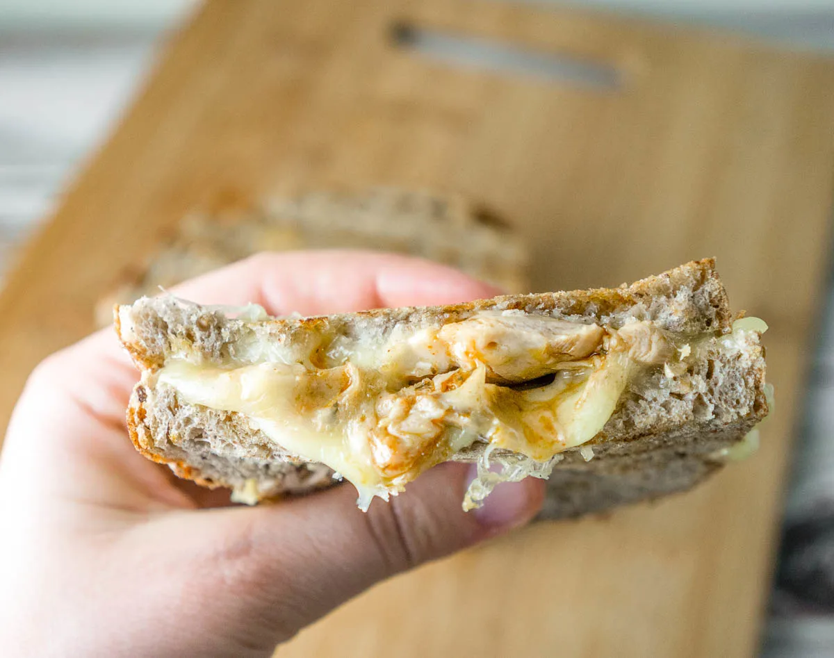 Hand holding bbq chicken grilled cheese sandwich