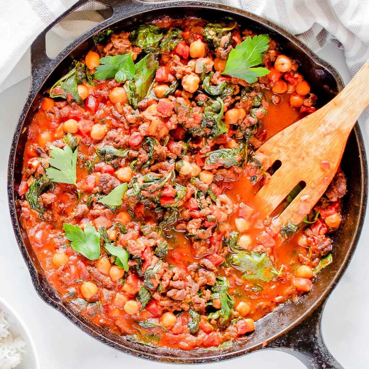 Chickpea chorizo stew in a skillet.