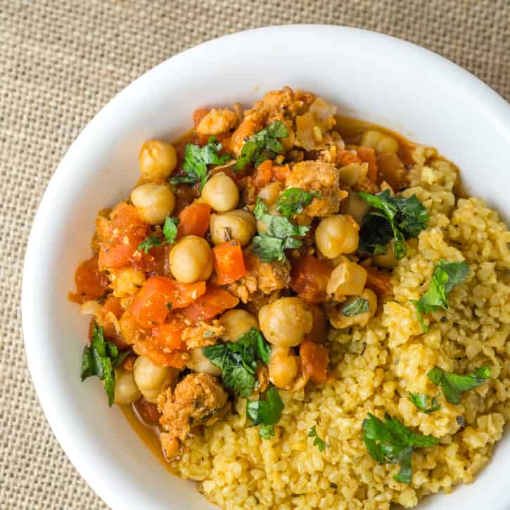 Chickpeas and chorizo served over brown rice.