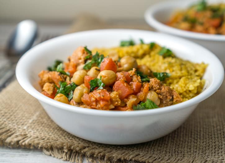 Chickpea chorizo stew in a bowl.