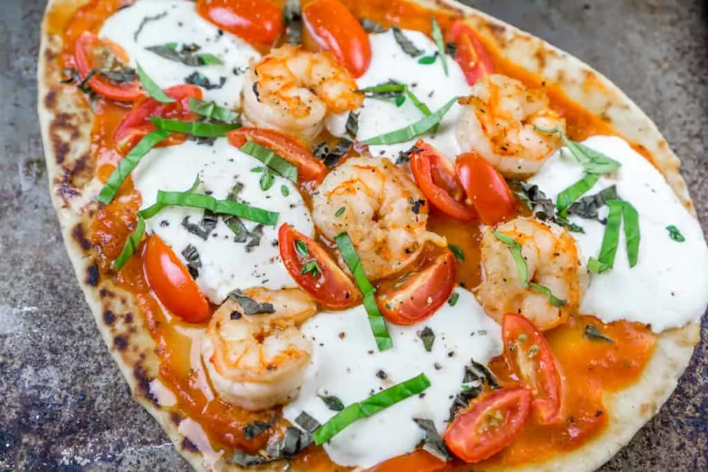 Naan Shrimp Pizzas with fresh basil - dinner is ready in 20 minutes! www.www.babaganosh.org
