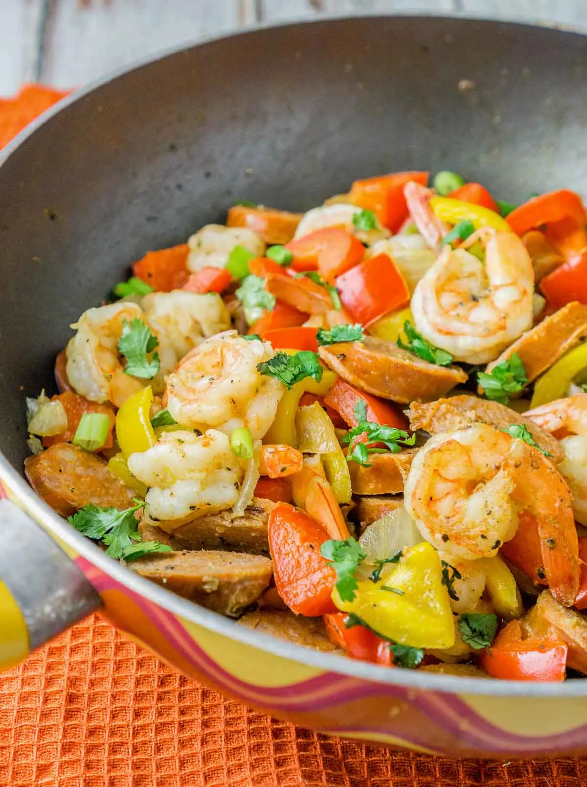 A pan with sausage and shrimp low carb dinner